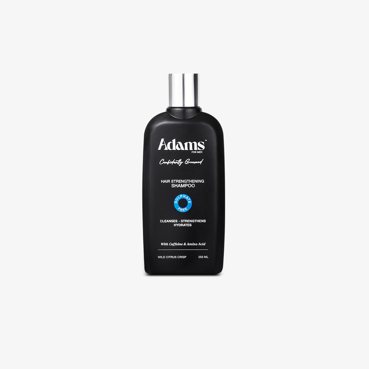 Black shampoo bottle for men with 'Adams' branding on a white background