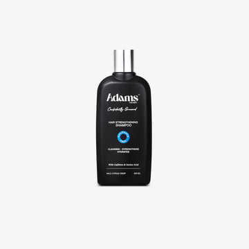 Black shampoo bottle for men with 'Adams' branding on a white background