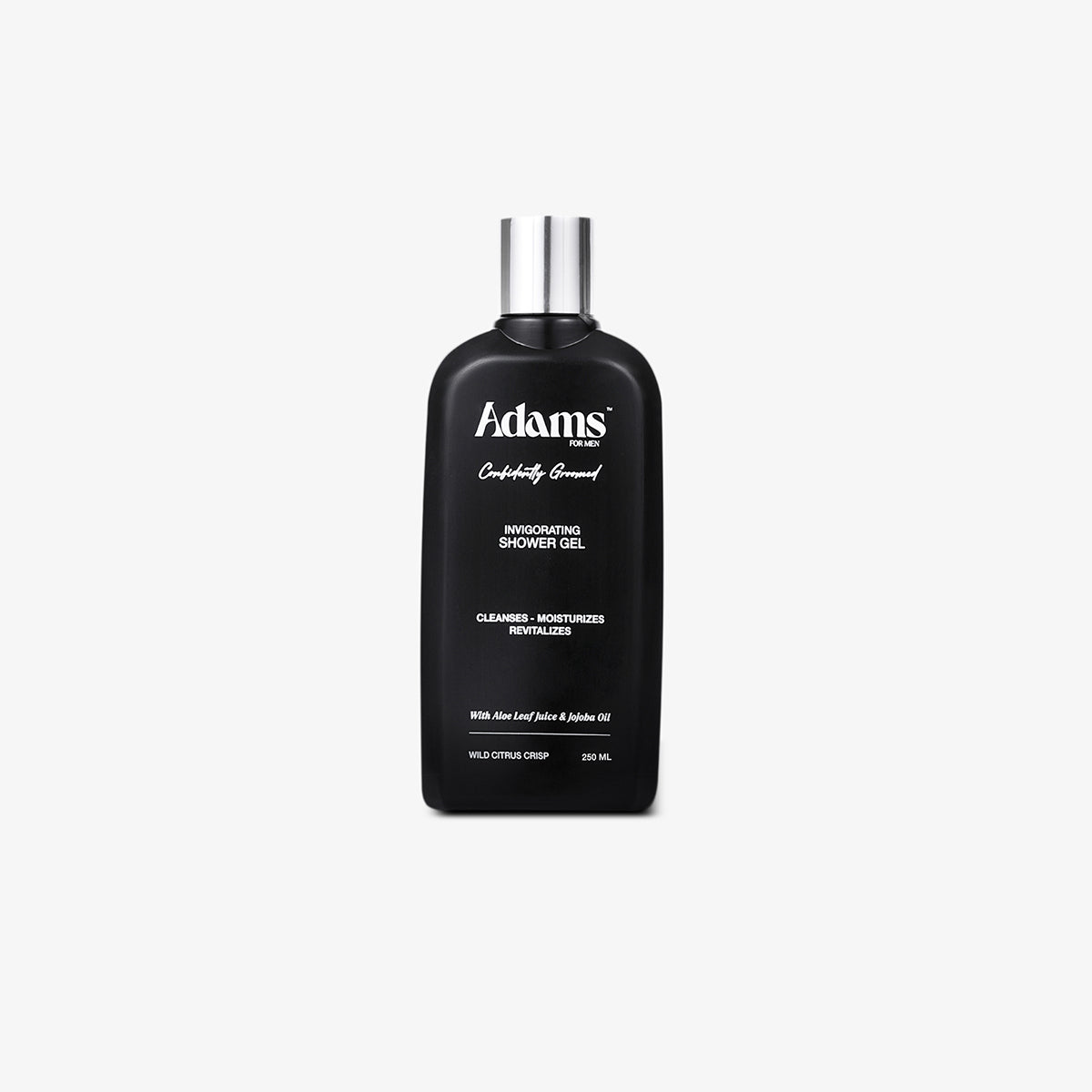 Black bottle of Adams shower gel for men on a white background